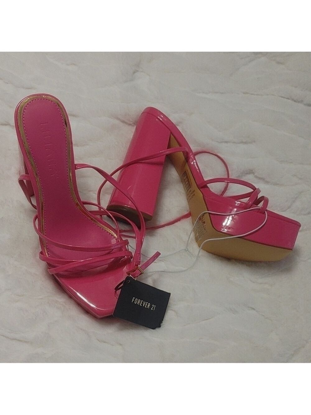NWT Forever 21 Hot Pink Open Toe Strappy Block 5" Heel with 1.5" Platform 8